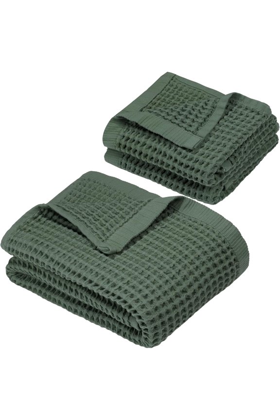 Organic Cotton Waffle Weave Turkish Towel Set for Bathroom, 100% OEKO-TEX Certified Super Soft Turkish Cotton, Lightweight & Quick Dry, 1 Bath & 2 Large Hand Towels, 30x60/20x30 in, Sage Green