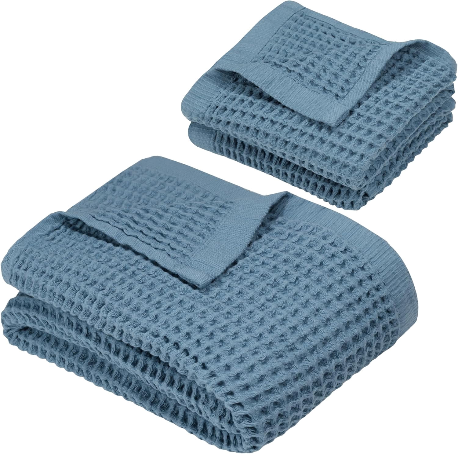 DEMMEX Organic Cotton Waffle Weave Turkish Towel Set for Bathroom, 100% OEKO-TEX Certified Super Soft Turkish Cotton, Lightweight & Quick Dry, 1 Bath & 2 Large Hand Towels, 30x60/20x30 in, Slate Blue