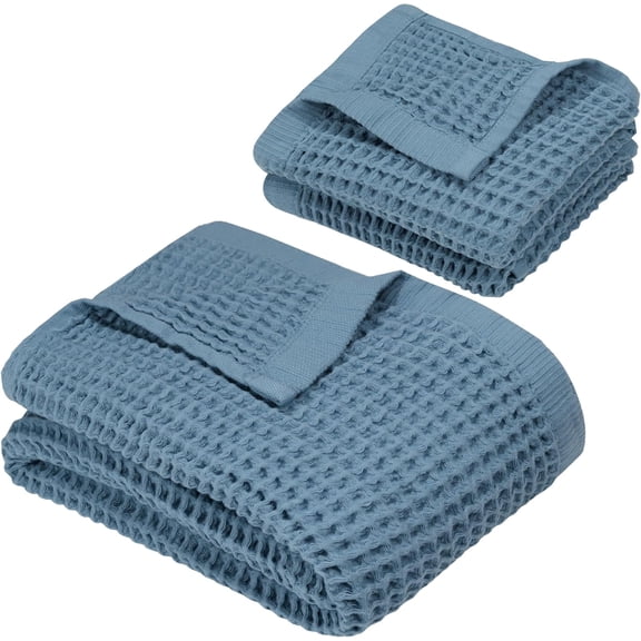 DEMMEX Organic Cotton Waffle Weave Turkish Towel Set for Bathroom, 100% OEKO-TEX Certified Super Soft Turkish Cotton, Lightweight & Quick Dry, 1 Bath & 2 Large Hand Towels, 30x60/20x30 in, Slate Blue