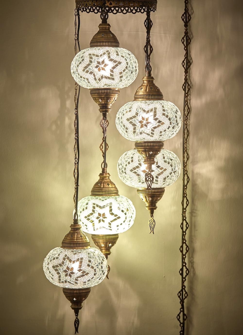 DEMMEX 5-Large 7" Globes Turkish Moroccan Mosaic Swag Plug-in Chandelier, Handmade Boho Oriental Hanging Ceiling Lamp Light Fixture with 15ft Cord Chain and Plug, 4ft Drop (White)