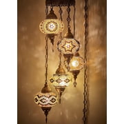 DEMMEX 5-Large 7" Globes Turkish Moroccan Mosaic Swag Plug-in Chandelier, Handmade Boho Oriental Hanging Ceiling Lamp Light Fixture with 15ft Cord Chain and Plug, 4ft Drop Brown - Amber