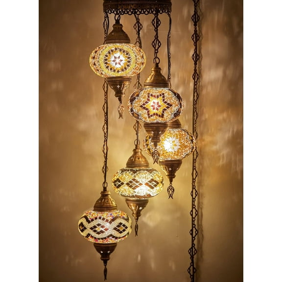 DEMMEX 5-Large 7" Globes Turkish Moroccan Mosaic Swag Plug-in Chandelier, Handmade Boho Oriental Hanging Ceiling Lamp Light Fixture with 15ft Cord Chain and Plug, 4ft Drop (Brown - Amber)