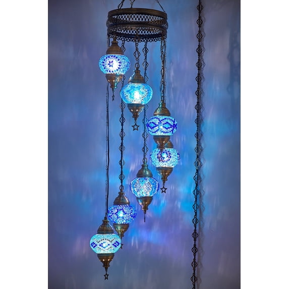 DEMMEX 7-Globe Plug-in Turkish Moroccan Mosaic Chandelier – Tiffany Style Ceiling Lamp, Hanging Pendant Light Fixture, Bohemian Swag Lighting, Handmade, 15ft Cord & Chain, Hangs 5ft (Green)