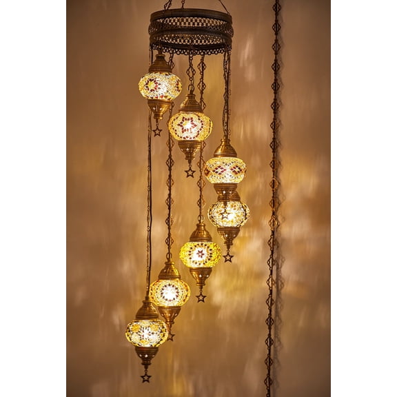 DEMMEX 7-Globe Plug-in Turkish Moroccan Mosaic Chandelier – Tiffany Style Ceiling Lamp, Hanging Pendant Light Fixture, Bohemian Swag Lighting, Handmade, 15ft Cord & Chain, Hangs 5ft (Amber-Brown)