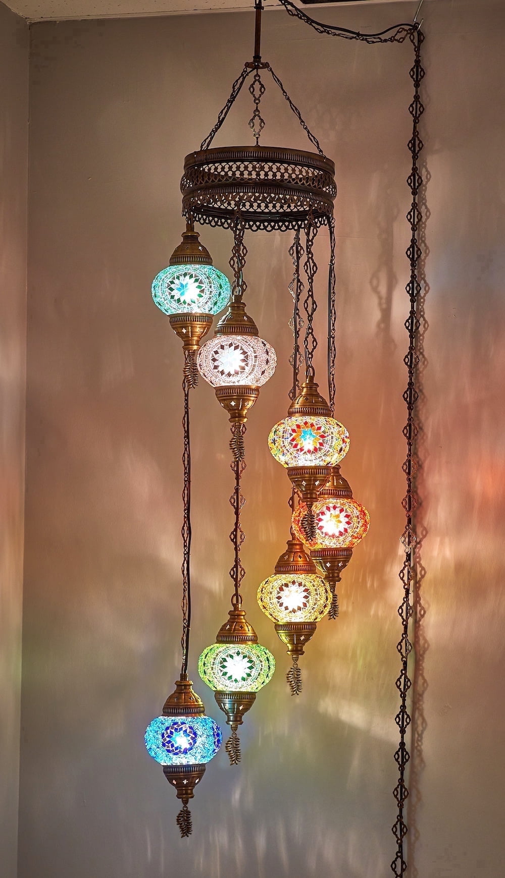 DEMMEX 7-Globe Plug-in Turkish Moroccan Mosaic Chandelier – Tiffany Style Ceiling Lamp, Hanging Pendant Light Fixture, Bohemian Swag Lighting, Handmade, 15ft Cord & Chain, Hangs 5ft (Rainbow)