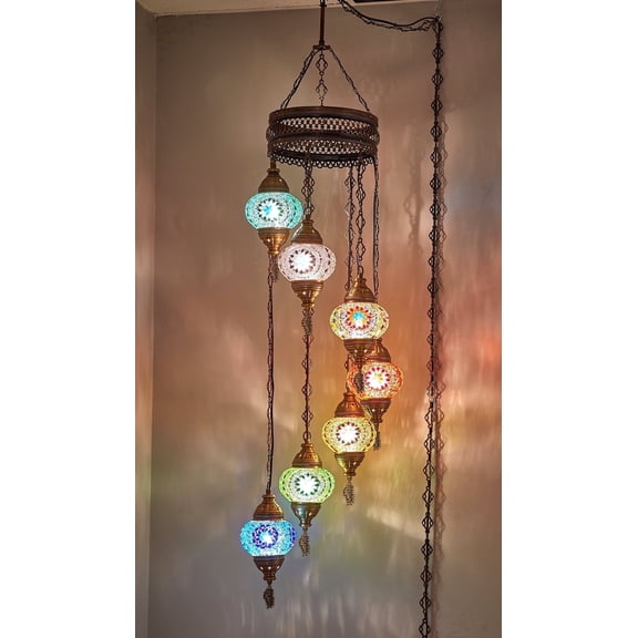 DEMMEX 7-Globe Plug-in Turkish Moroccan Mosaic Chandelier – Tiffany Style Ceiling Lamp, Hanging Pendant Light Fixture, Bohemian Swag Lighting, Handmade, 15ft Cord & Chain, Hangs 5ft (Rainbow)
