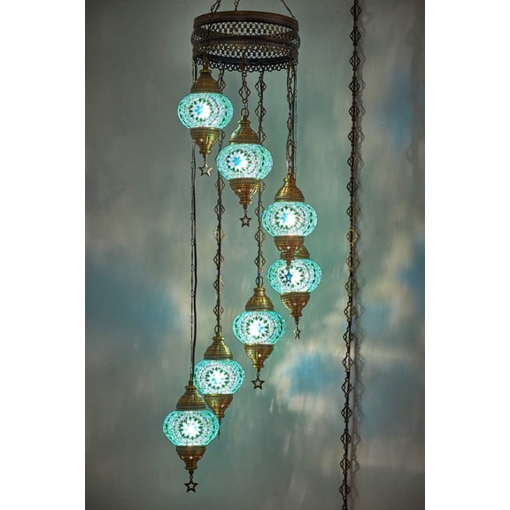 DEMMEX 7 Globes Swag Plug in Turkish Moroccan Mosaic Bohemian Tiffany Ceiling Hanging Pendant Light Lamp Chandelier Lighting with 15Feet Cord Chain and Plug, 50" Height (Turquoise)