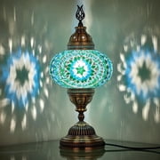 DEMMEX   7" Large Globe Turkish Moroccan Mosaic Table Lamp, Handcrafted Tiffany-Style Colorful Glass Bedside Desk Table Light, Artisan Decor for Living Room Bedroom   14" H Turquoise