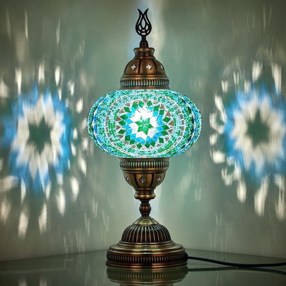 DEMMEX – 7" Large Globe Turkish Moroccan Mosaic Table Lamp, Handcrafted Tiffany-Style Colorful Glass Bedside Desk Table Light, Artisan Decor for Living Room Bedroom – 14" H (Turquoise)
