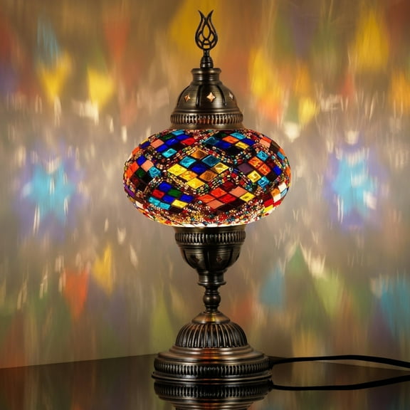 DEMMEX – 7" Large Globe Turkish Moroccan Mosaic Table Lamp, Handcrafted Tiffany-Style Colorful Glass Bedside Desk Table Light, Artisan Decor for Living Room Bedroom – 14" H (Multicolor