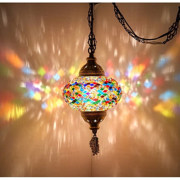 DEMMEX Plug-in Turkish Moroccan Mosaic Hanging Pendant Light Fixture, Tiffany-Style Ceiling Swag Lamp, Handcrafted Glass with 15 ft Cord & Chain, Colorful