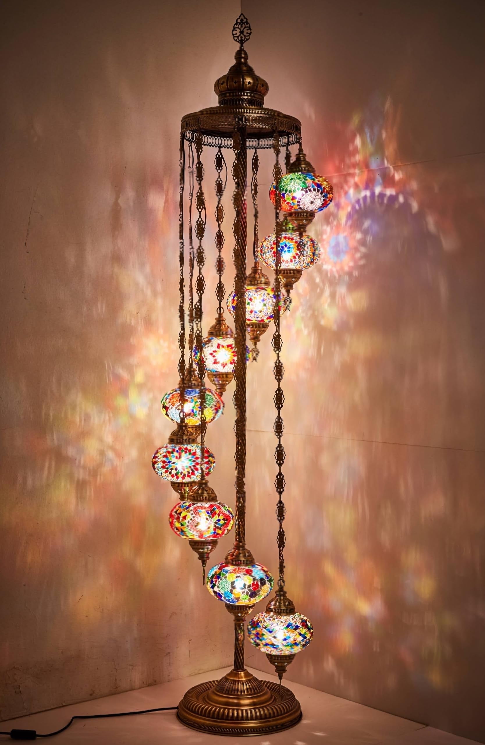 DEMMEX 9-Globe Turkish Moroccan Mosaic Floor Lamp, 6ft Handmade Bohemian Standing Light, Tall Tiffany-Style Decorative Lamp with Mosaic Glass Globes – Handmade in Turkey (Multicolor)