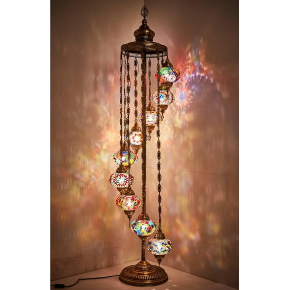 DEMMEX 9-Globe Turkish Moroccan Mosaic Floor Lamp, 6ft Handmade Bohemian Standing Light, Tall Tiffany-Style Decorative Lamp with Mosaic Glass Globes – Handmade in Turkey (Multicolor)