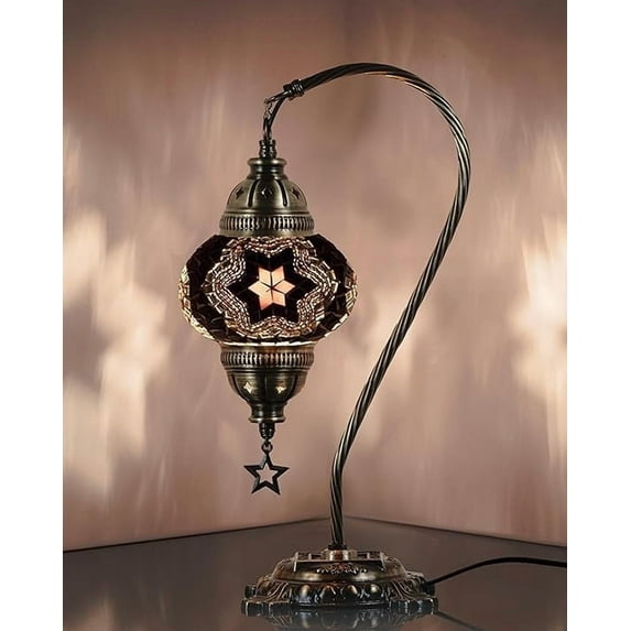 DEMMEX Authentic Turkish Mosaic Table Lamp, Handcrafted Bedside Accent Light, Antique Brass Metal Base, Vintage Moroccan Boho Decor Lamp, Black & White