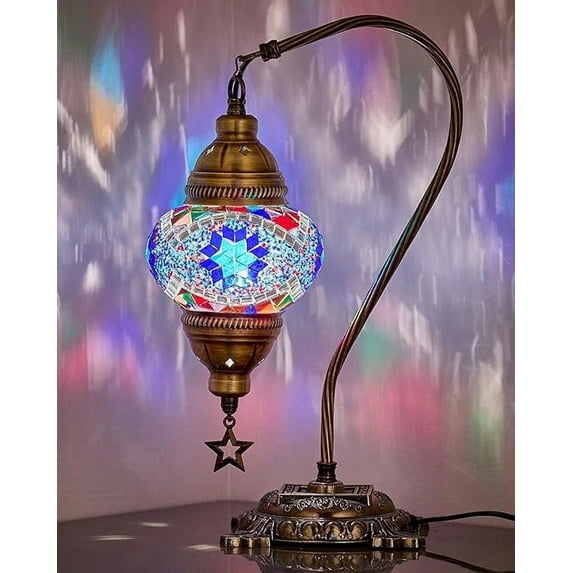 DEMMEX Authentic Turkish Lamp, Made in Turkey, Turkish Moroccan Mosaic Table Bedside Lamp, 100% Handcrafted, Antique Brass Color Metal Body and Decorated Metal Base, Gooseneck, 15", Blue&Multicolor