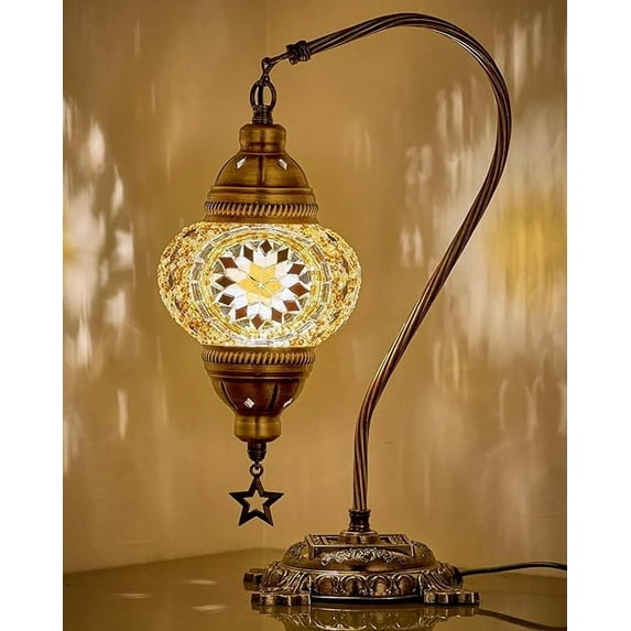 DEMMEX Authentic Turkish Lamp, Made in Turkey, Turkish Moroccan Mosaic Table Bedside Lamp, 100% Handcrafted, Antique Brass Color Metal Body and Decorated Metal Base, Gooseneck, 15" Amber - Brown