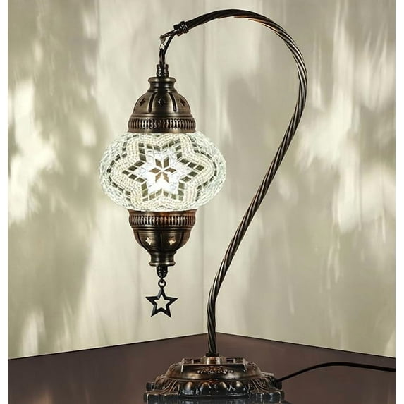 DEMMEX Authentic Turkish Lamp, Made in Turkey, Turkish Moroccan Mosaic Table Bedside Lamp, 100% Handcrafted, Antique Brass Color Metal Body and Decorated Metal Base, Gooseneck, 15" (White-Clear)