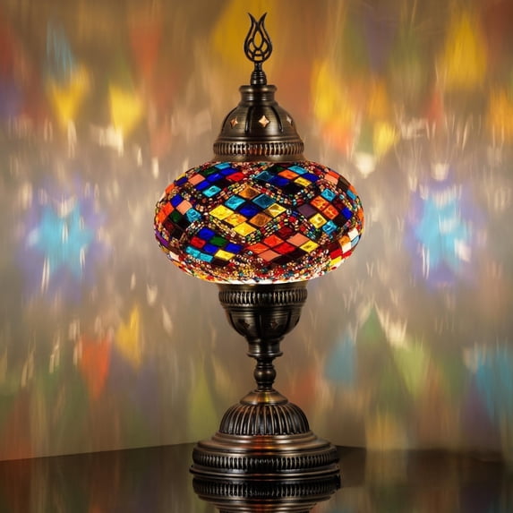 DEMMEX Battery-Operated Turkish Moroccan Mosaic Table Lamp – 12" H, 5" W, Portable Cordless Stained Glass Lantern, Handmade Decorative Light for Bedroom, Patio, Camping, Multicolor