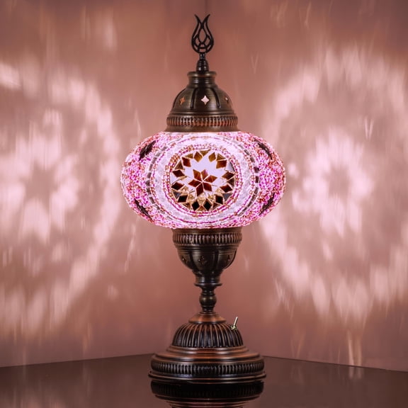 DEMMEX Battery-Operated Turkish Moroccan Mosaic Table Lamp – 12" H, 5" W, Portable Cordless Stained Glass Lantern, Handmade Decorative Light for Bedroom, Patio, Camping, Lilac