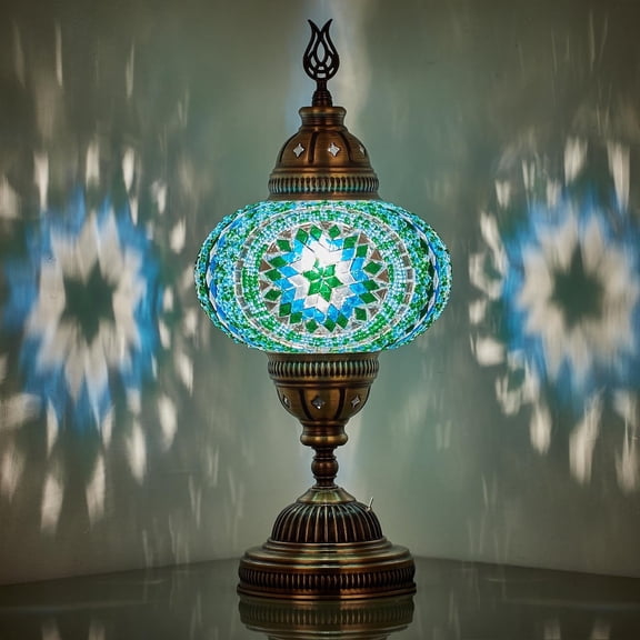 DEMMEX Battery-Operated Turkish Moroccan Mosaic Table Lamp – 12" H, 5" W, Portable Cordless Stained Glass Lantern, Handmade Decorative Light for Bedroom, Patio, Camping, Teal