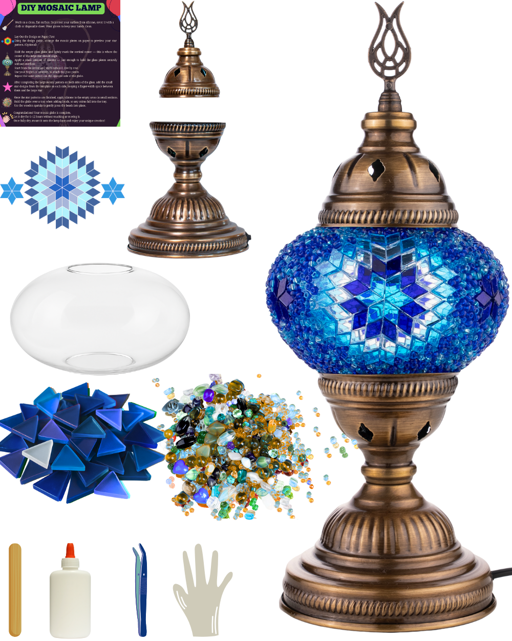 DEMMEX DIY Turkish Mosaic Lamp Making Kit – No Grout Needed – Fun, Easy ...
