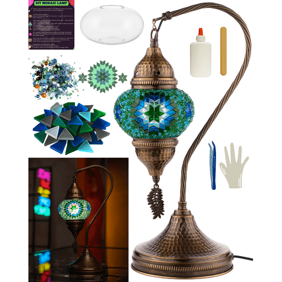 DEMMEX DIY Turkish Mosaic Lamp Making Kit – No Grout Needed – Fun, Easy, No Experience Required – Complete Mosaic Art & Craft Project Kit for Adults & Teens – Make Your Own Table Lamp (Turquoise)