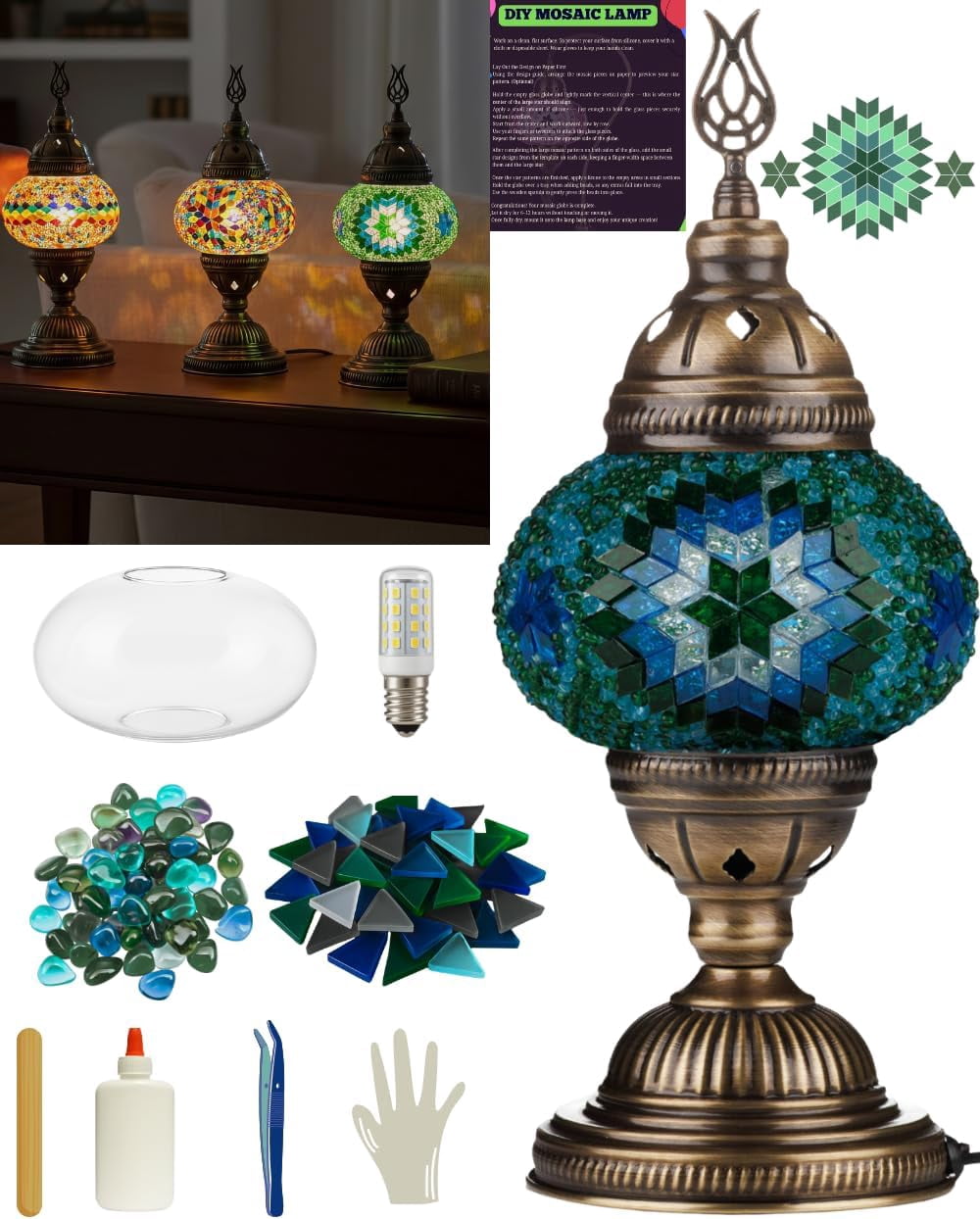 DEMMEX DIY Turkish Mosaic Lamp Making Kit – No Grout Needed – Fun, Easy, No Experience Required – Complete Mosaic Art & Craft Project Kit for Adults & Teens – Make Your Own Table Lamp (Turquoise)