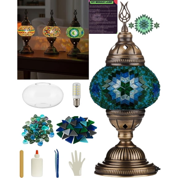 DEMMEX DIY Turkish Mosaic Lamp Making Kit – No Grout Needed – Fun, Easy, No Experience Required – Complete Mosaic Art & Craft Project Kit for Adults & Teens – Make Your Own Table Lamp (Turquoise)