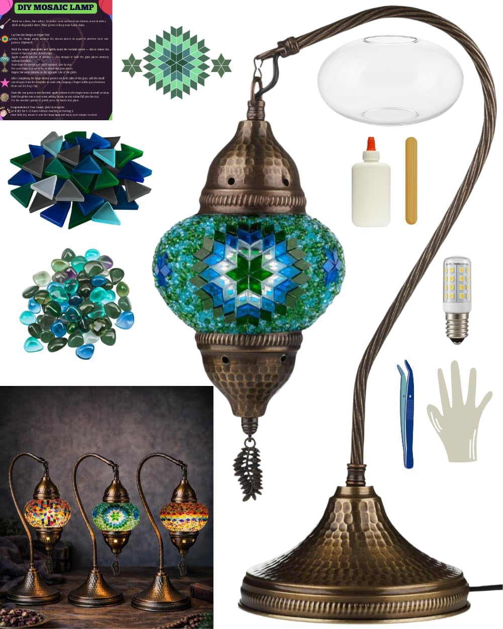 DEMMEX DIY Turkish Mosaic Lamp Making Kit – No Grout Needed – Fun, Easy, No Experience Required – Complete Mosaic Art & Craft Project Kit for Adults & Teens – Make Your Own Table Lamp (Turquoise)