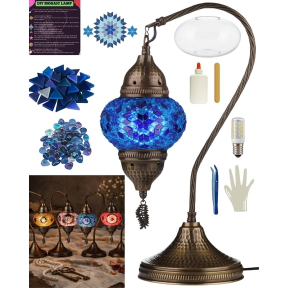 DEMMEX DIY Turkish Mosaic Lamp Making Kit – No Grout Needed – Fun, Easy, No Experience Required – Complete Mosaic Art & Craft Project Kit for Adults & Teens – Make Your Own Table Lamp (Blue)