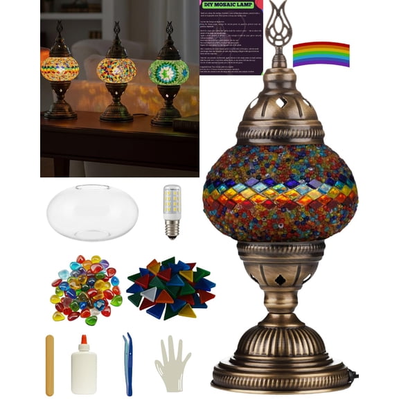 DEMMEX DIY Turkish Mosaic Lamp Making Kit No Grout Needed Fun, Easy, No Experience Required Complete Mosaic Art & Craft Project Kit for Adults & Teens Make Your Own Table Lamp (Rainbow)