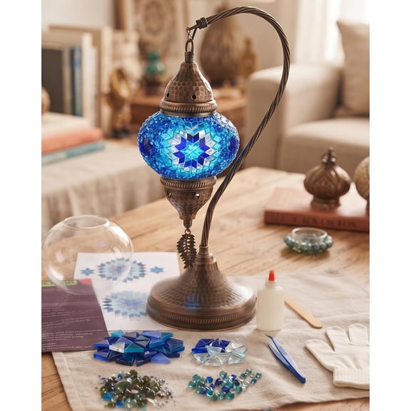 DEMMEX DIY Turkish Mosaic Lamp Making Kit – No Grout Needed – Fun, Easy, No Experience Required – Complete Mosaic Art & Craft Project Kit for Adults & Teens – Make Your Own Table Lamp (Blue)