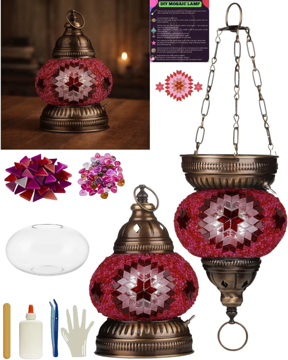 DEMMEX DIY Turkish Mosaic Lantern Kit – Beginner-Friendly Tiffany Glass Craft Project for Adults & Teens, Brass Finish, Battery Operated, Convertible Tabletop or Hanging Lantern (Pink)