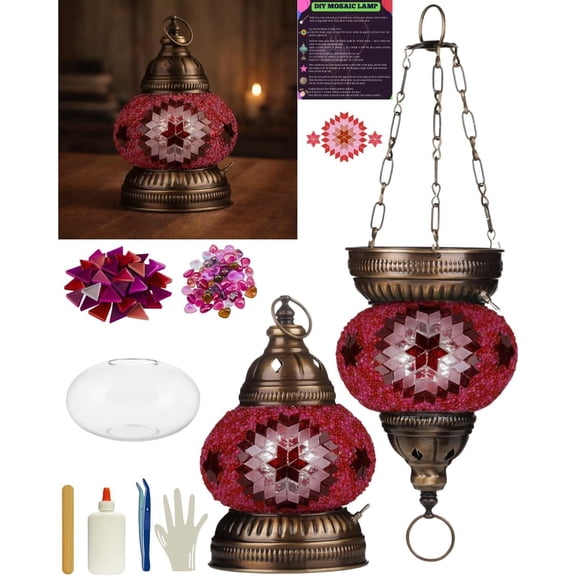 DEMMEX DIY Turkish Mosaic Lantern Kit – Beginner-Friendly Tiffany Glass Craft Project for Adults & Teens, Brass Finish, Battery Operated, Convertible Tabletop or Hanging Lantern (Pink)