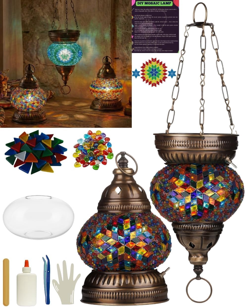 DEMMEX DIY Turkish Mosaic Lantern Kit – Beginner-Friendly Tiffany Glass Craft Project for Adults & Teens, Brass Finish, Battery Operated, Convertible Tabletop or Hanging Lantern (Multicolor)