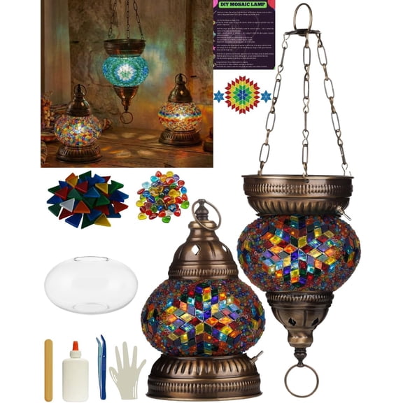 DEMMEX DIY Turkish Mosaic Lantern Kit – Beginner-Friendly Tiffany Glass Craft Project for Adults & Teens, Brass Finish, Battery Operated, Convertible Tabletop or Hanging Lantern (Multicolor)