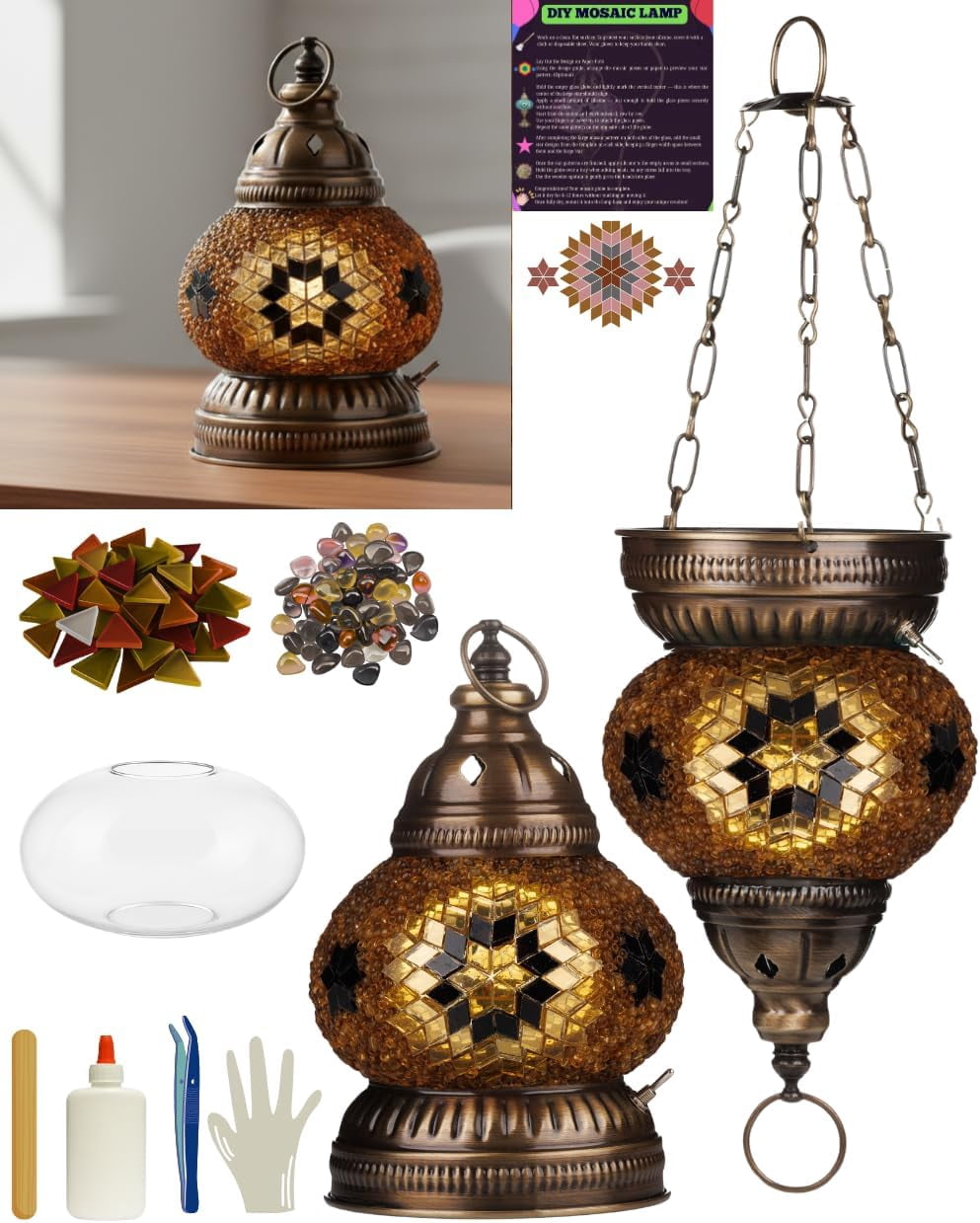 DEMMEX DIY Turkish Mosaic Lantern Kit – Beginner-Friendly Tiffany Glass Craft Project for Adults & Teens, Brass Finish, Battery Operated, Convertible Tabletop or Hanging Lantern (Brown)