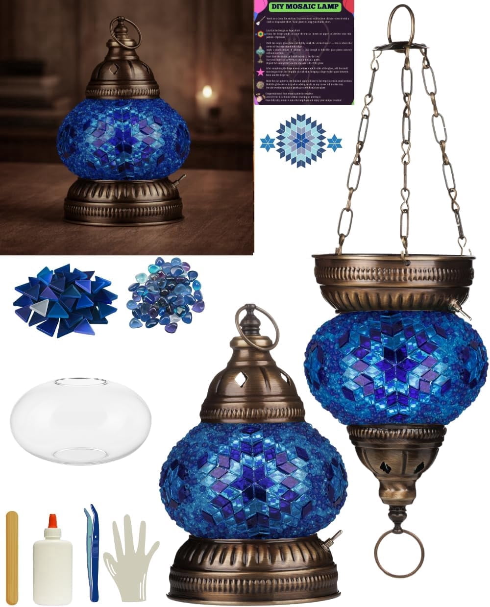 DEMMEX DIY Turkish Mosaic Lantern Kit – Beginner-Friendly Tiffany Glass Craft Project for Adults & Teens, Brass Finish, Battery Operated, Convertible Tabletop or Hanging Lantern (Blue)