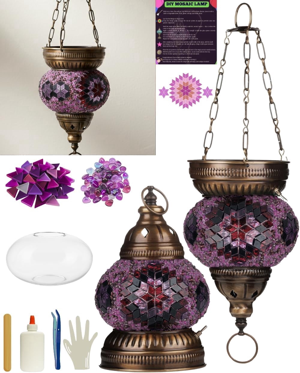 DEMMEX DIY Turkish Mosaic Lantern Kit – Beginner-Friendly Tiffany Glass Craft Project for Adults & Teens, Brass Finish, Battery Operated, Convertible Tabletop or Hanging Lantern (Purple)