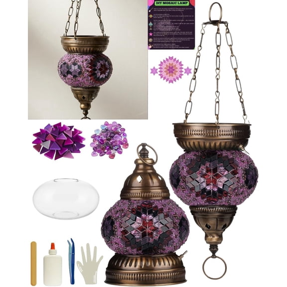 DEMMEX DIY Turkish Mosaic Lantern Kit – Beginner-Friendly Tiffany Glass Craft Project for Adults & Teens, Brass Finish, Battery Operated, Convertible Tabletop or Hanging Lantern (Purple)