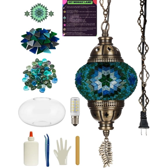 DEMMEX DIY Turkish Mosaic Plug-in Hanging Lamp Kit NO Grout or Plaster, Beginner-Friendly Complete Tiffany Mosaic Glass Light-Making Craft Project Kit for Adults and Teens (Turquoise&Green)