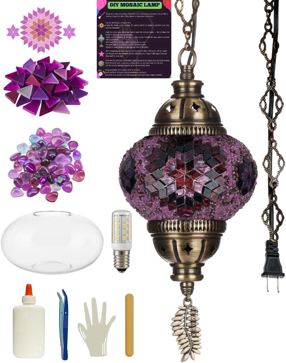 DEMMEX DIY Turkish Mosaic Plug-in Hanging Lamp Kit – NO Grout or Plaster, Beginner-Friendly – Complete Tiffany Mosaic Glass Light-Making Craft Project Kit for Adults and Teens (Purple)
