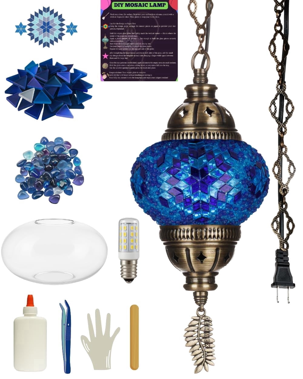 DEMMEX DIY Turkish Mosaic Plug-in Hanging Lamp Kit – NO Grout or Plaster, Beginner-Friendly – Complete Tiffany Mosaic Glass Light-Making Craft Project Kit for Adults and Teens (Blue)