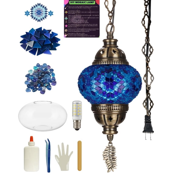 DEMMEX DIY Turkish Mosaic Plug-in Hanging Lamp Kit NO Grout or Plaster, Beginner-Friendly Complete Tiffany Mosaic Glass Light-Making Craft Project Kit for Adults and Teens (Blue)
