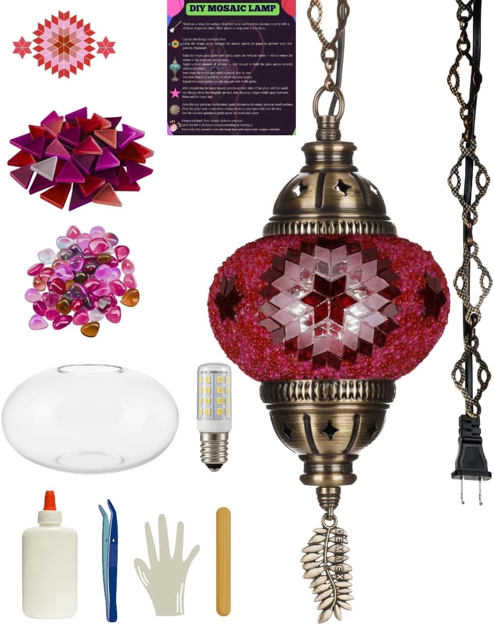 DEMMEX DIY Turkish Mosaic Plug-in Hanging Lamp Kit – NO Grout or Plaster, Beginner-Friendly – Complete Tiffany Mosaic Glass Light-Making Craft Project Kit for Adults and Teens (Pink)