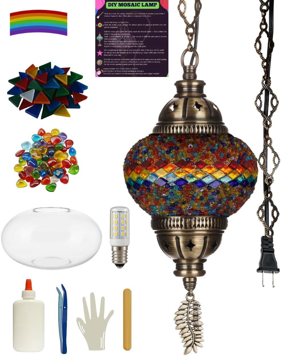 DEMMEX DIY Turkish Mosaic Plug-in Hanging Lamp Kit – NO Grout or Plaster, Beginner-Friendly – Complete Tiffany Mosaic Glass Light-Making Craft Project Kit for Adults and Teens (Colorful)