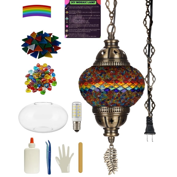 DEMMEX DIY Turkish Mosaic Plug-in Hanging Lamp Kit – NO Grout or Plaster, Beginner-Friendly – Complete Tiffany Mosaic Glass Light-Making Craft Project Kit for Adults and Teens (Colorful)