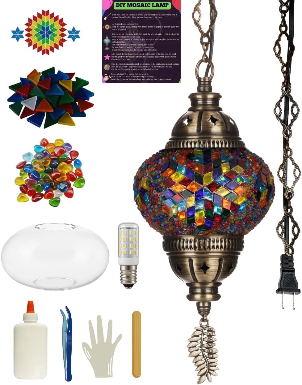 DEMMEX DIY Turkish Mosaic Plug-in Hanging Lamp Kit – NO Grout or Plaster, Beginner-Friendly – Complete Tiffany Mosaic Glass Light-Making Craft Project Kit for Adults and Teens (Multicolor)