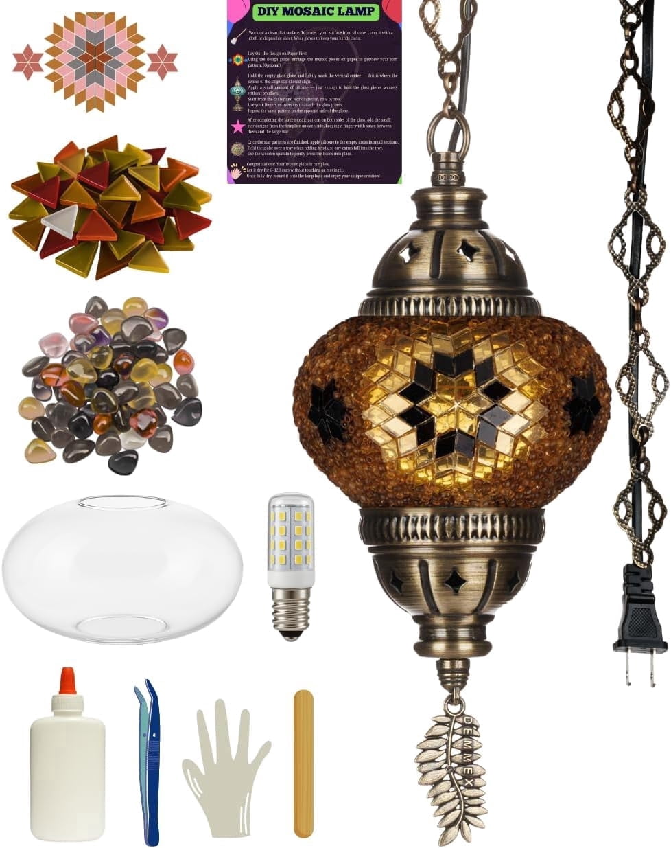 DEMMEX DIY Turkish Mosaic Plug-in Hanging Lamp Kit – NO Grout or Plaster, Beginner-Friendly – Complete Tiffany Mosaic Glass Light-Making Craft Project Kit for Adults and Teens (Brown)