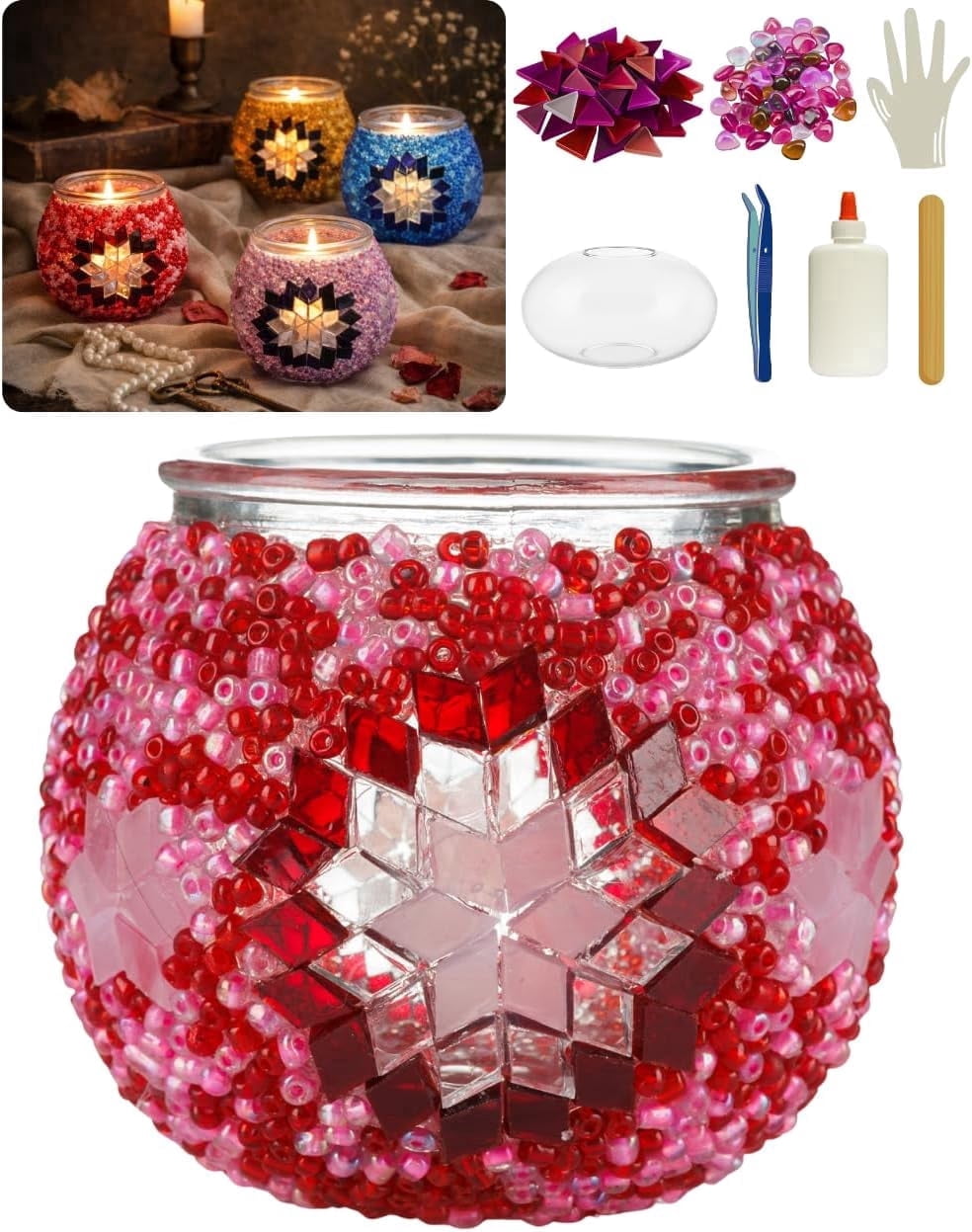 DEMMEX DIY Turkish Mosaic Tealight Candle Holder Kit - No Grout or Plaster - Complete Beginner Mosaic Art & Craft Project for Adults and Teens - 4x4 in. DIY Home Decor & Gift Set (Pink)